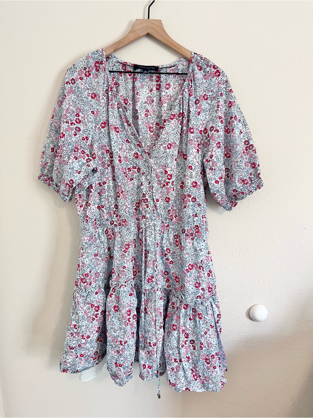 Tommy Hilfiger Floral Print Tiered Mini Dress Pink Red Blue Cottagecore Size XL